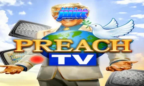 Isang makulay na screen ng Preach TV slot na nagpapakita ng retro TV studio theme.
