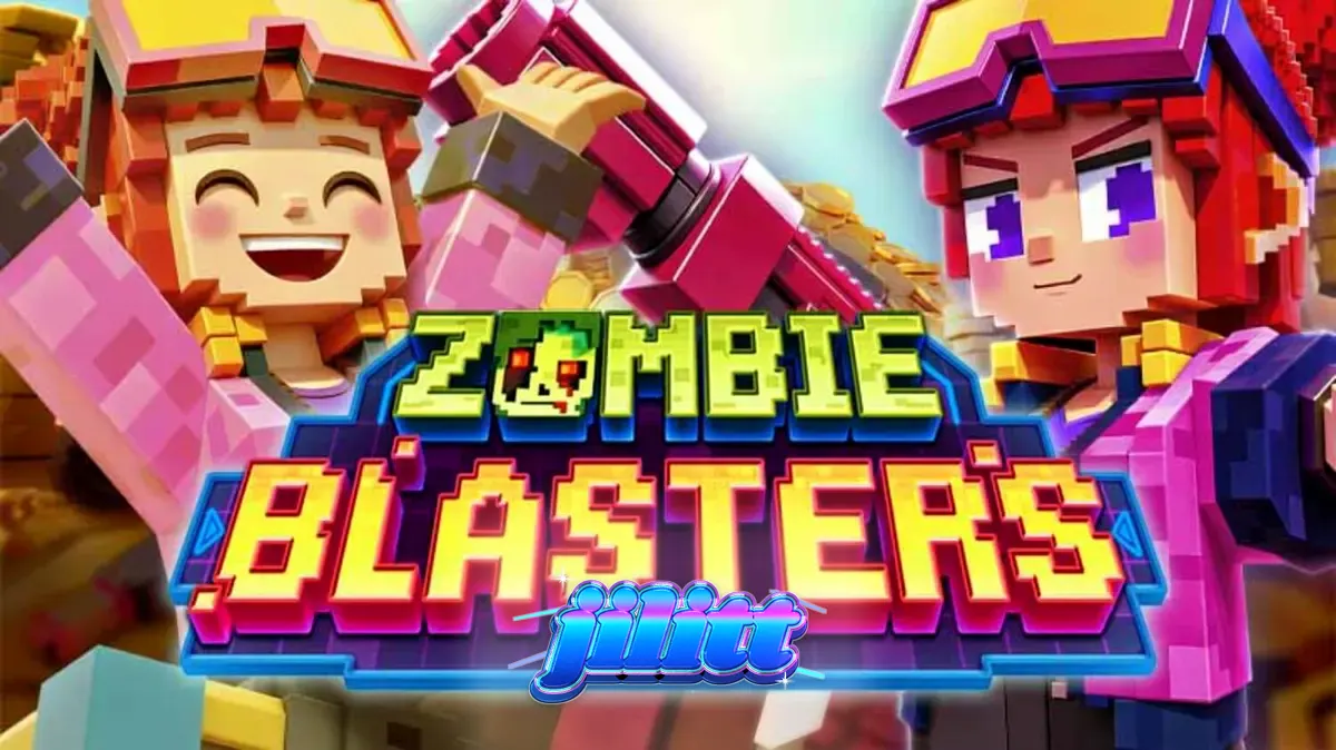 Isang makulay na screen ng Zombie Blasters slot na nagpapakita ng mga zombie at arcade-style graphics.